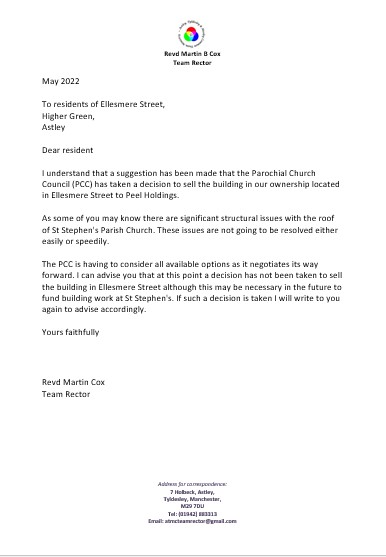 St Stephen - Astley | Church Building Update - open letter to Ellesmere